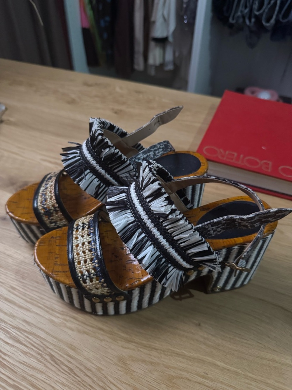 Coach Black & White Woven Platform Sandal with Raffia Strap - Picture 8 of 8